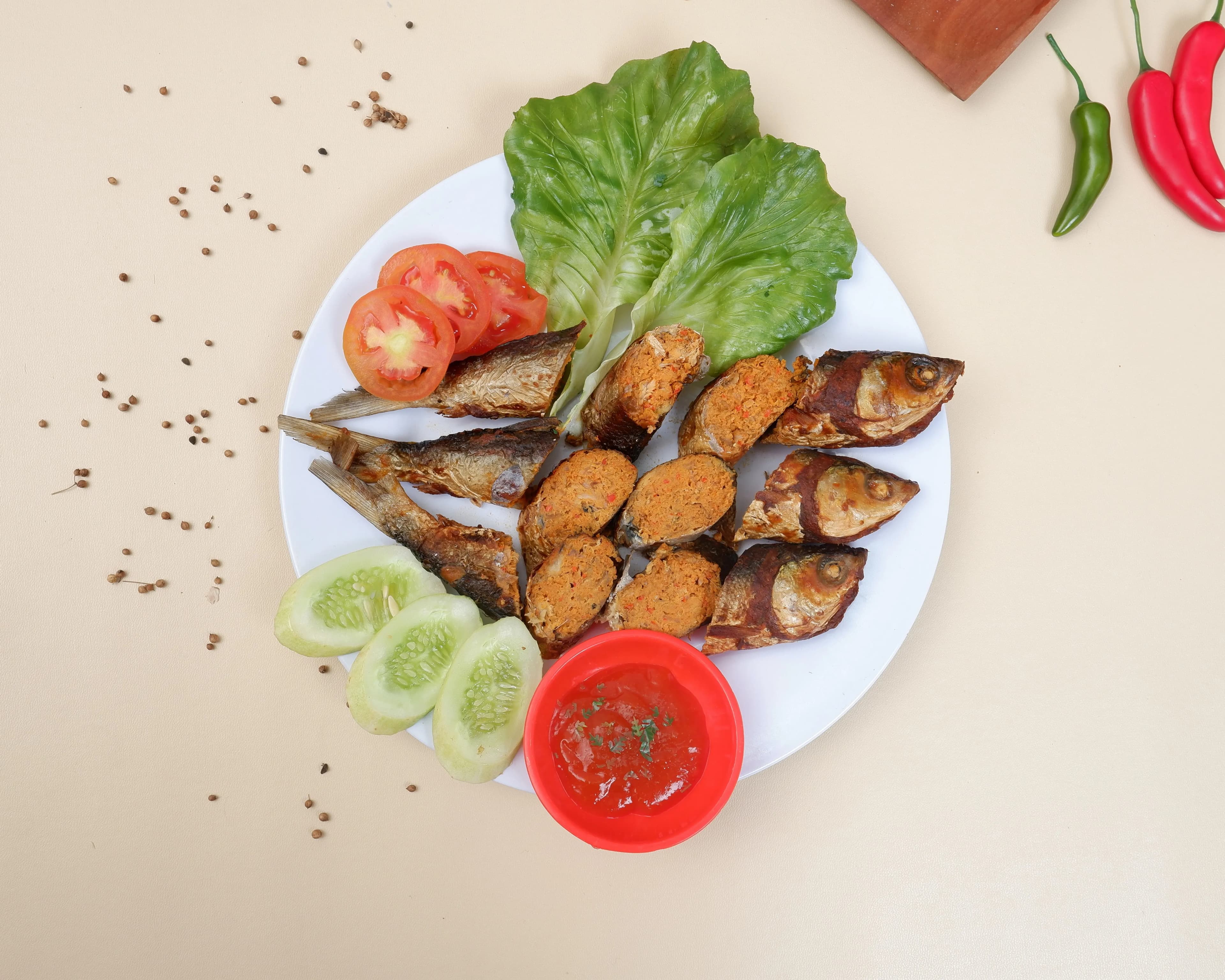 Plate with fish and veggies from the Nusantara Indonesian Restaurant