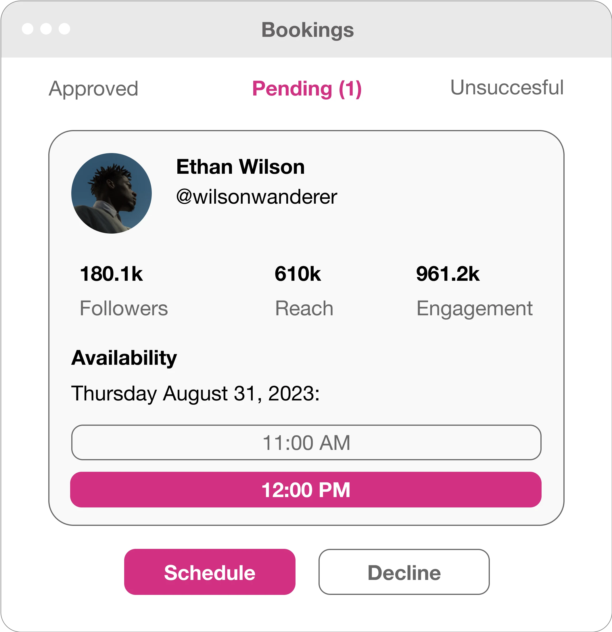 User Interface showing a scheduled visit with the influencer Ethan Wilson.