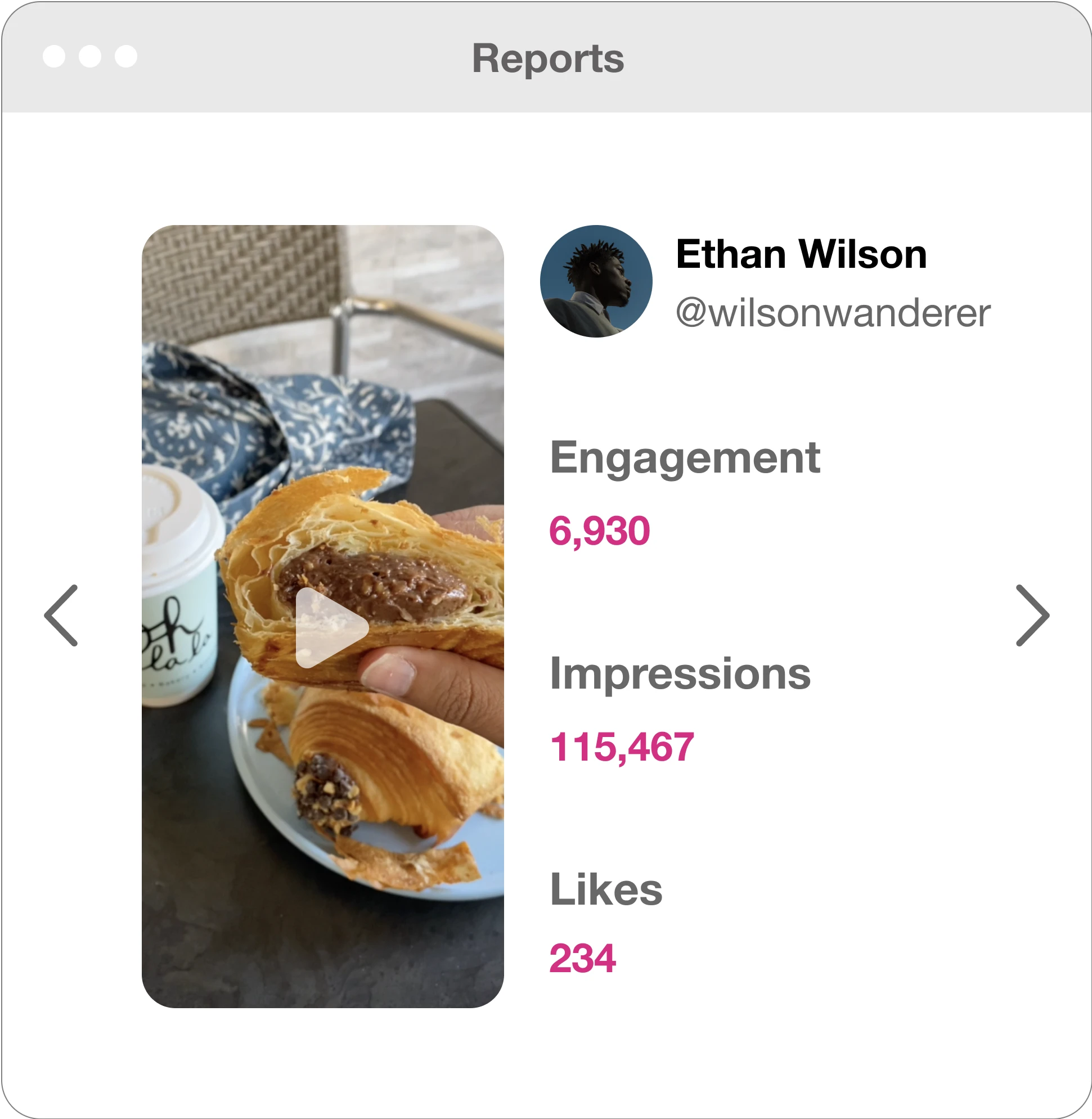 User Interface showing the report of the Influencer Ethan Wilson visiting a food bakery through Greet.